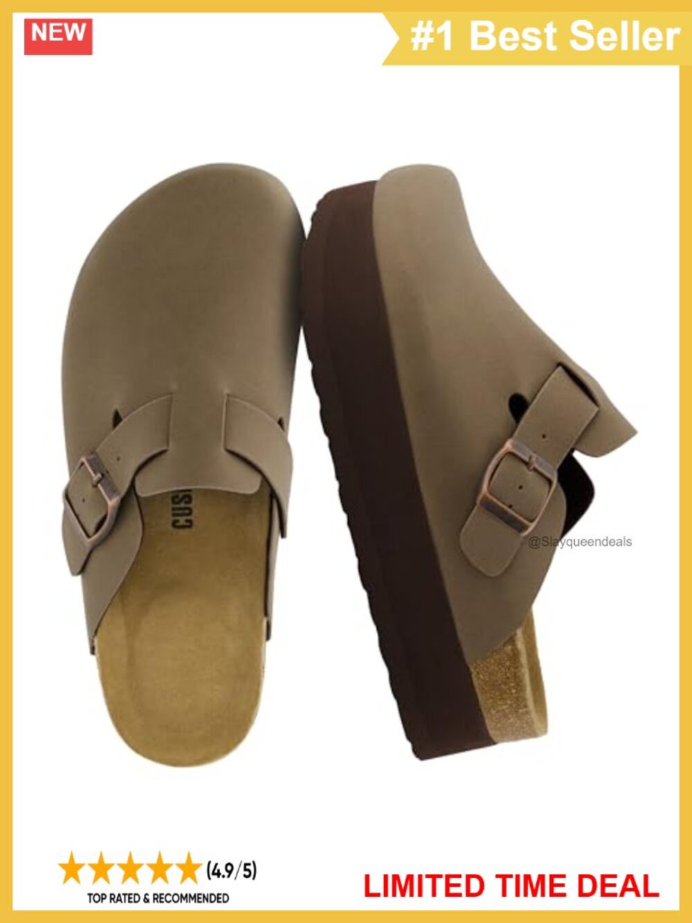 Vegan Suede Platform Clogs with Adjustable Buckle and Memory Foam Cork Footbed